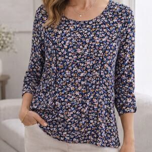 J Jill Feminine Black Floral Blouse Crochet Detail Sheer Panel Top Size Medium